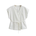 Women Vintage Solid Vest with Lace up Sleeveless V Neck Shirt Summer Female Casual Commuting Chic Top Blouse