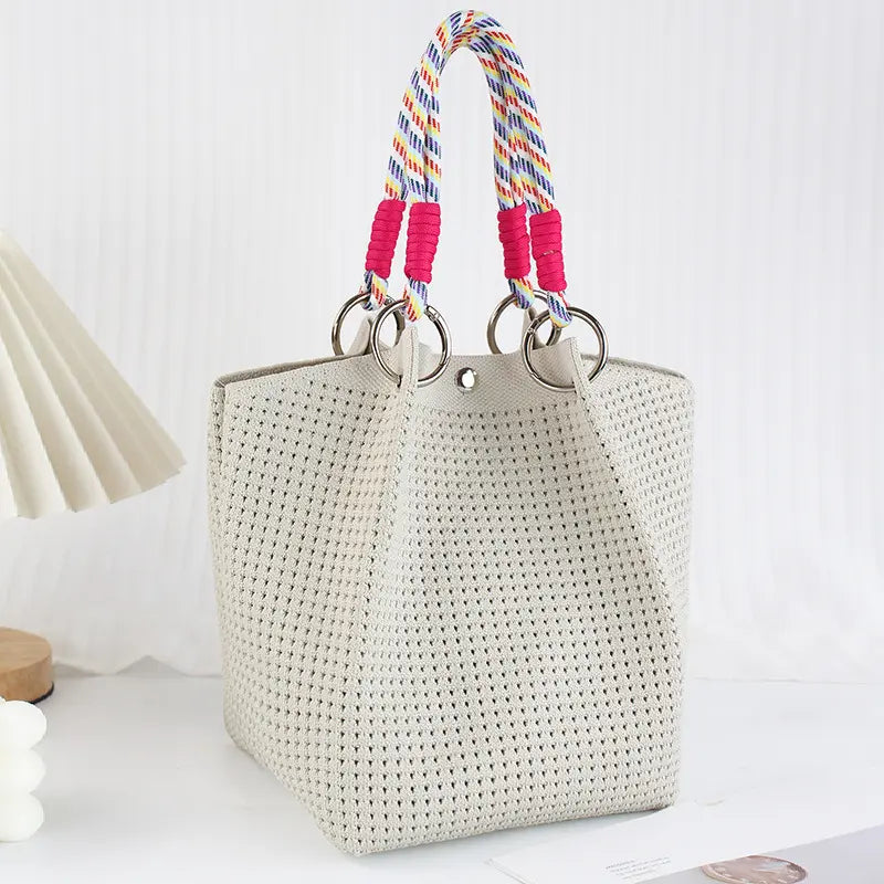 Mini Boho Woven Polyester Bucket Bag - Handmade Crochet Handbag for Travel and Daily Use, Lightweight Summer Accessory