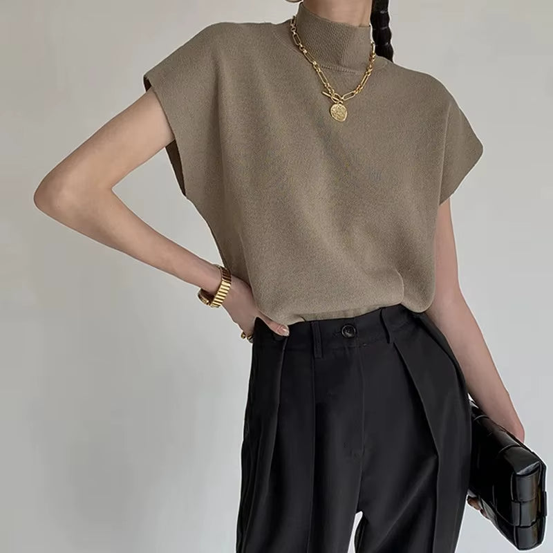 Summer French Style Senior Sense Half High Neck Jacket Knit Waistcoat Design Sense Loose Short Short-Sleeved Sweater Top