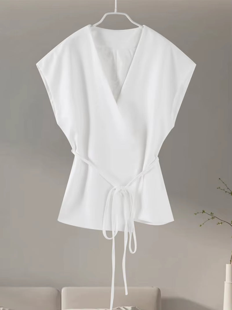 Women Vintage Solid Vest with Lace up Sleeveless V Neck Shirt Summer Female Casual Commuting Chic Top Blouse