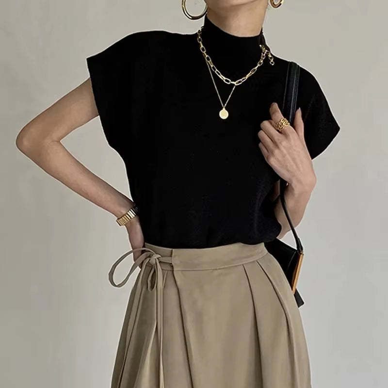 Summer French Style Senior Sense Half High Neck Jacket Knit Waistcoat Design Sense Loose Short Short-Sleeved Sweater Top
