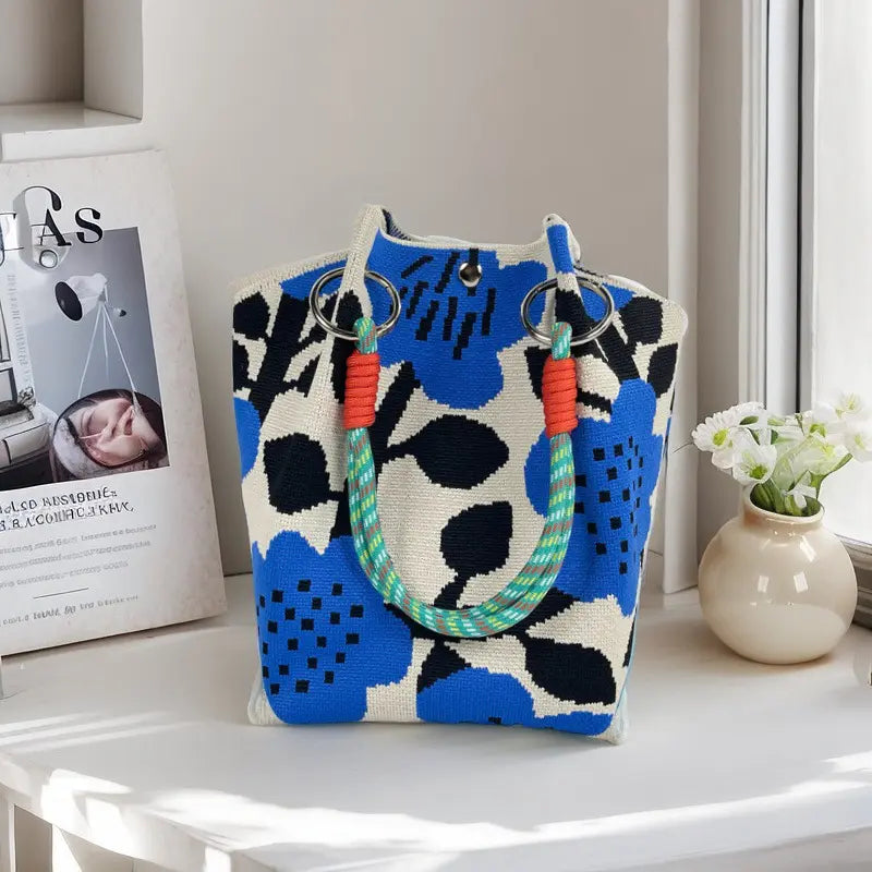 Mini Boho Woven Polyester Bucket Bag - Handmade Crochet Handbag for Travel and Daily Use, Lightweight Summer Accessory
