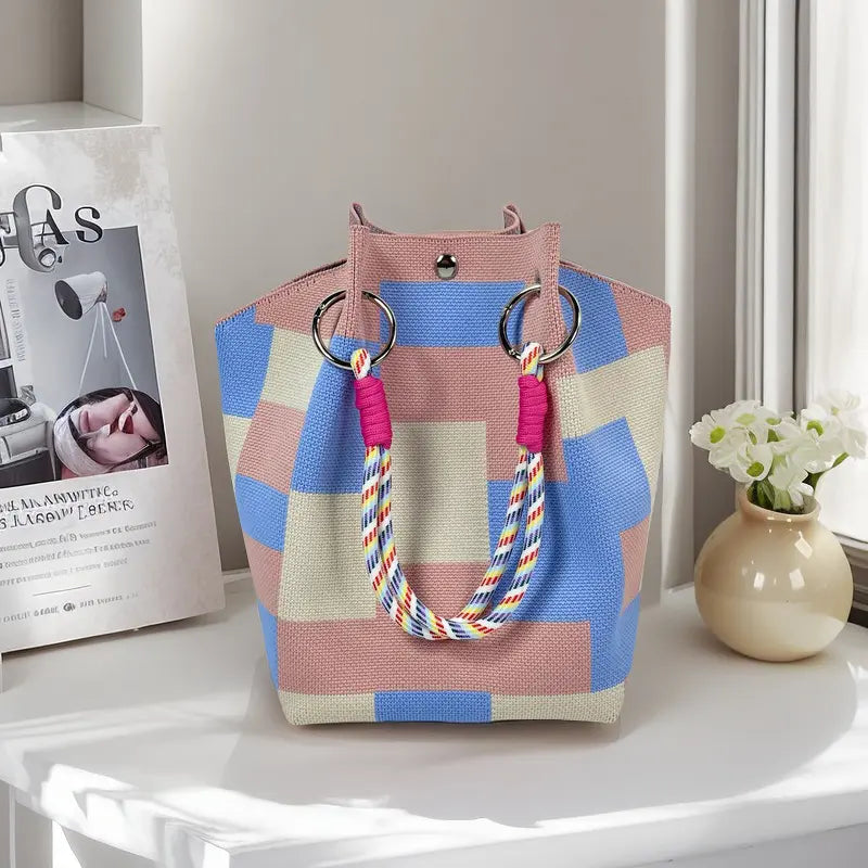 Mini Boho Woven Polyester Bucket Bag - Handmade Crochet Handbag for Travel and Daily Use, Lightweight Summer Accessory