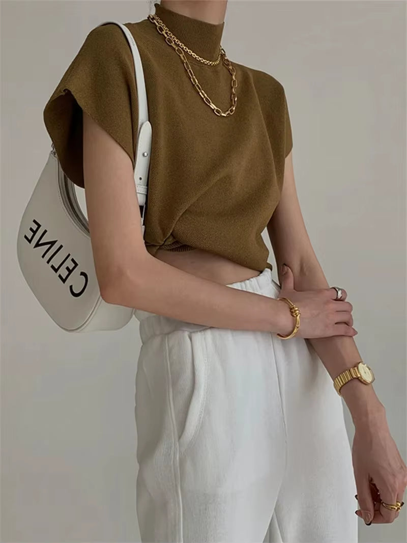 Summer French Style Senior Sense Half High Neck Jacket Knit Waistcoat Design Sense Loose Short Short-Sleeved Sweater Top