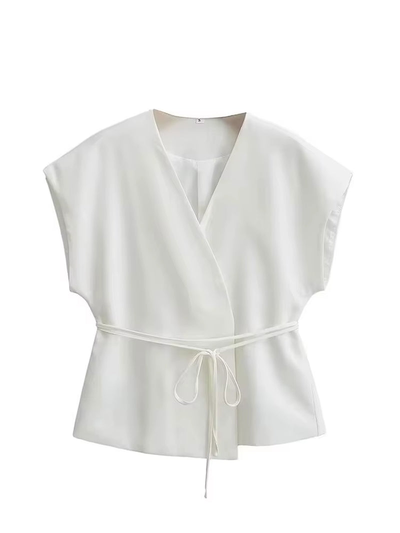 Women Vintage Solid Vest with Lace up Sleeveless V Neck Shirt Summer Female Casual Commuting Chic Top Blouse