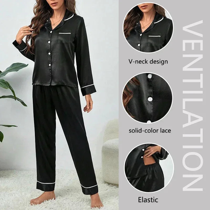 Spring Autumn Silk Pajamas Set for Women Casual Soft Nightwear Long Shirt Tops and Long Pants Cardigan Sleepwear Homewear