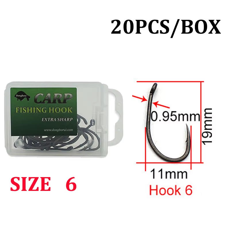 20PCS Top Class Carp Hook Kurv Shank Matte Black Coloured PTFE Carp Fishing Hook Barbed Coarse Fishing