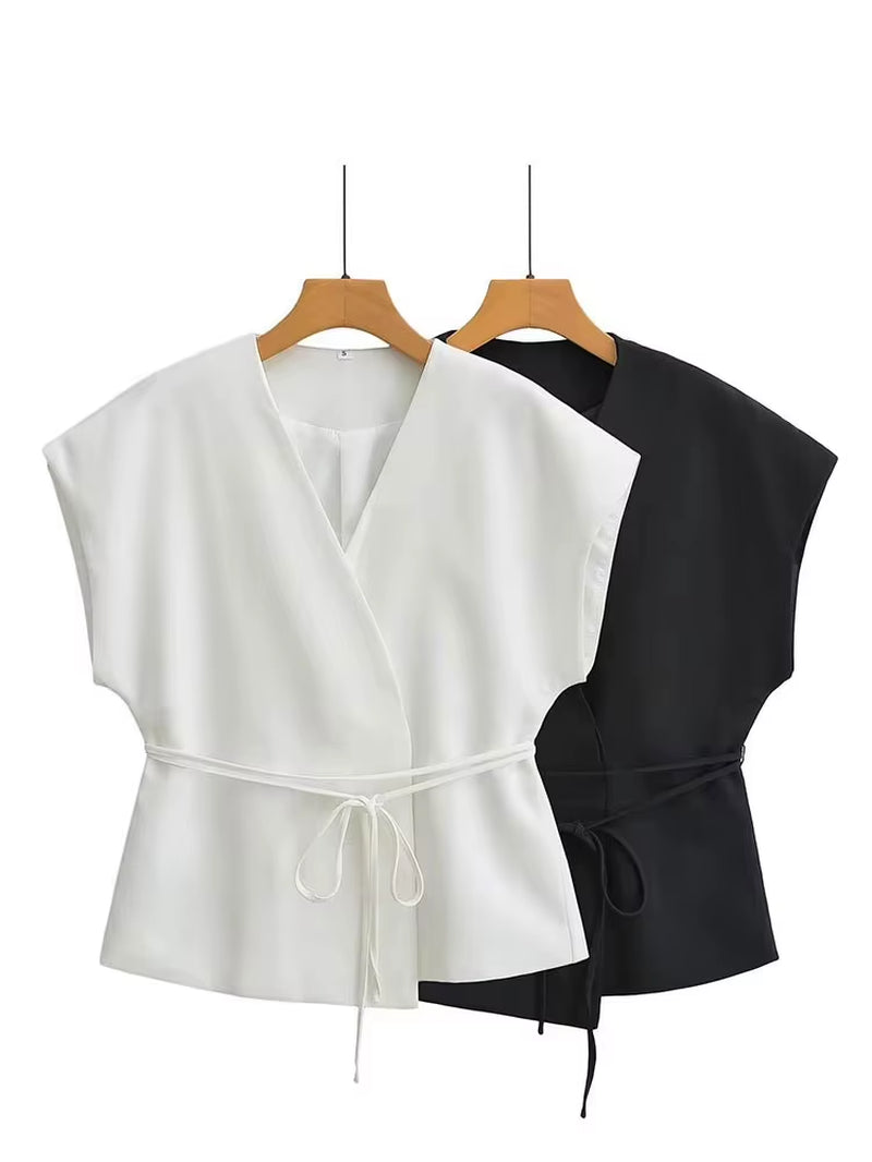 Women Vintage Solid Vest with Lace up Sleeveless V Neck Shirt Summer Female Casual Commuting Chic Top Blouse