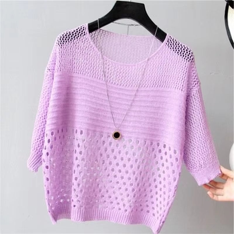 Women’s Ice Silk Knit Vest Top – Sleeveless Hollow-Out Summer Tank Top