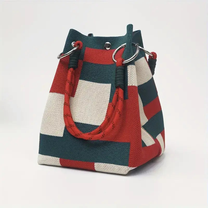 Mini Boho Woven Polyester Bucket Bag - Handmade Crochet Handbag for Travel and Daily Use, Lightweight Summer Accessory