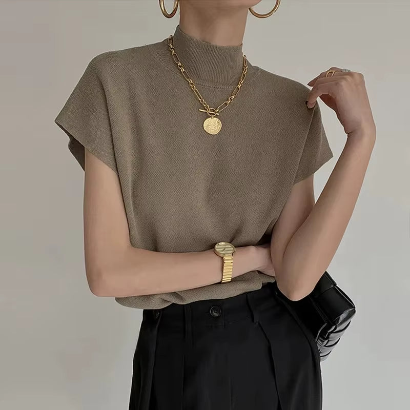 Summer French Style Senior Sense Half High Neck Jacket Knit Waistcoat Design Sense Loose Short Short-Sleeved Sweater Top