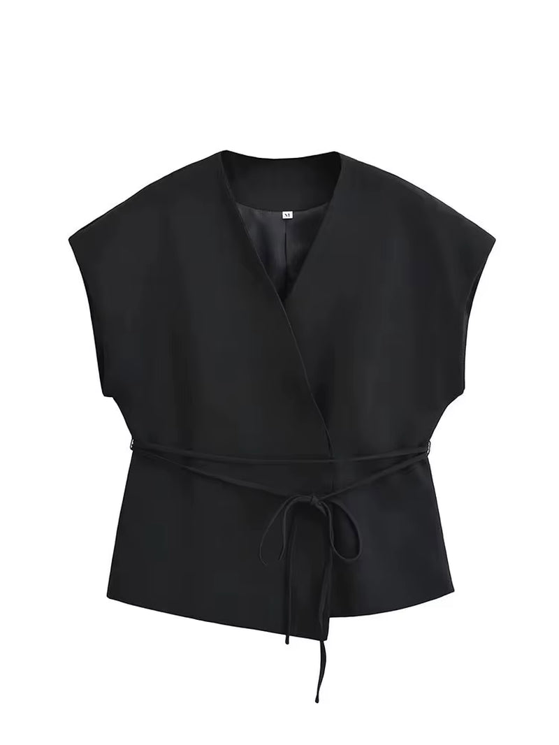Women Vintage Solid Vest with Lace up Sleeveless V Neck Shirt Summer Female Casual Commuting Chic Top Blouse