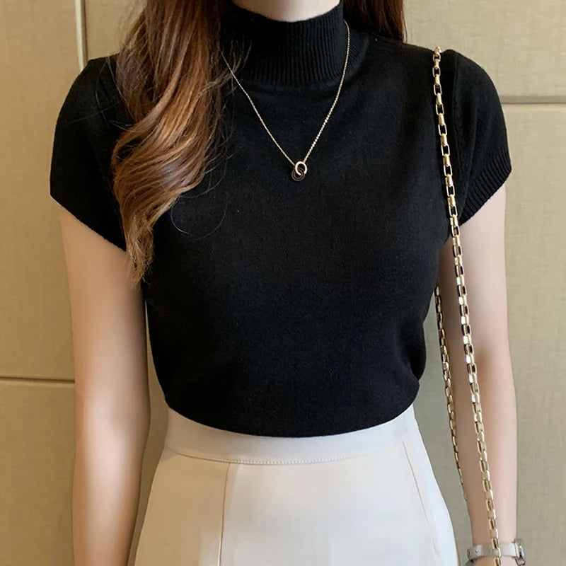 Women’s Korean Style Knitted Turtleneck Top – Slim Fit Solid Colour Blouse