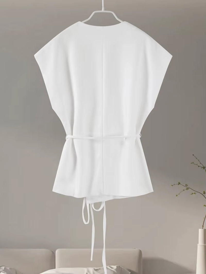 Women Vintage Solid Vest with Lace up Sleeveless V Neck Shirt Summer Female Casual Commuting Chic Top Blouse