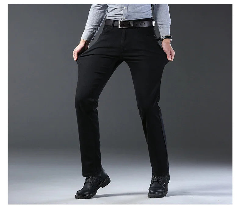 New Business Men'S Jeans Casual Straight Stretch Fashion Classic Blue Black Work Pant Denim Trousers Male Clothing
