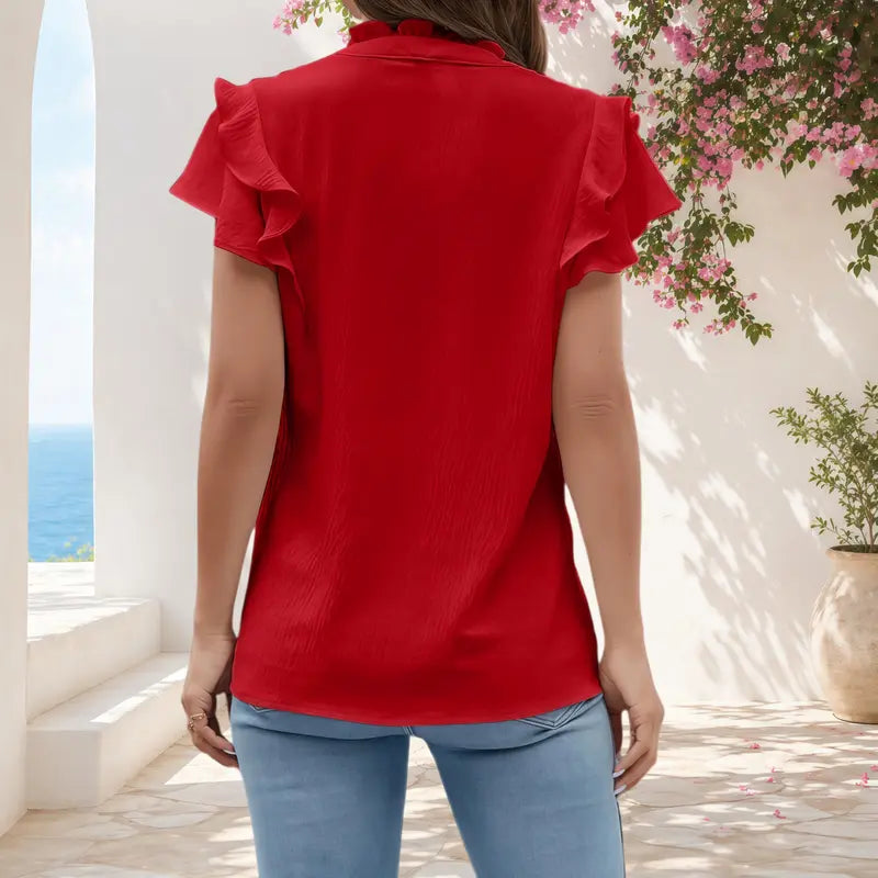 Women'S Summer Tops V Neck Short Sleeve Blouse,Ruffle Flutter Sleeve Loose Fit Shirt,Dressy Casual Solid Color Work Office Top,Cute Lightweight Vacation Everyday Tops for Women