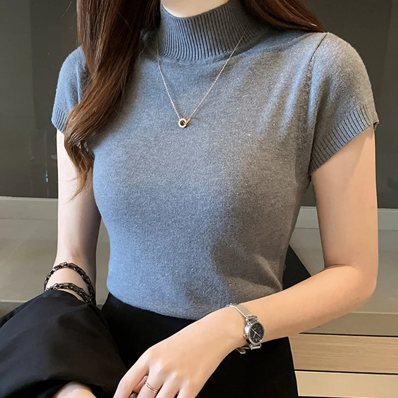 Women’s Korean Style Knitted Turtleneck Top – Slim Fit Solid Colour Blouse