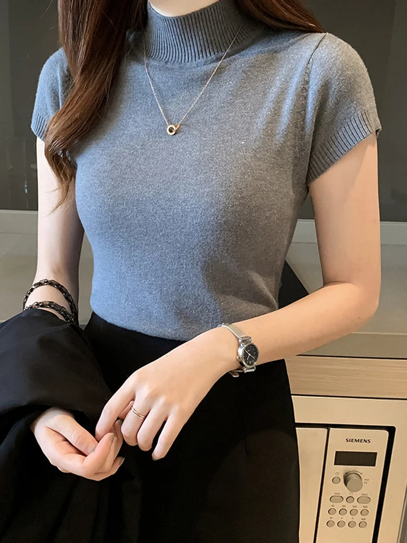 Women’s Korean Style Knitted Turtleneck Top – Slim Fit Solid Colour Blouse