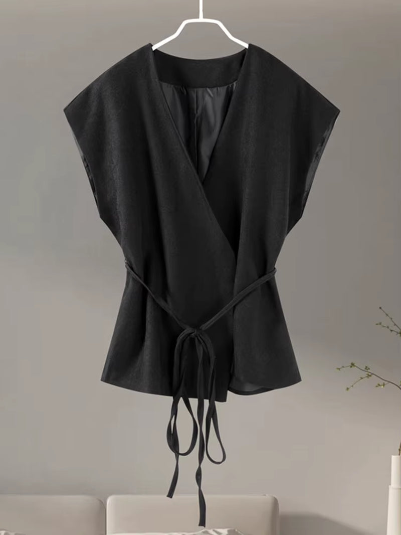 Women Vintage Solid Vest with Lace up Sleeveless V Neck Shirt Summer Female Casual Commuting Chic Top Blouse