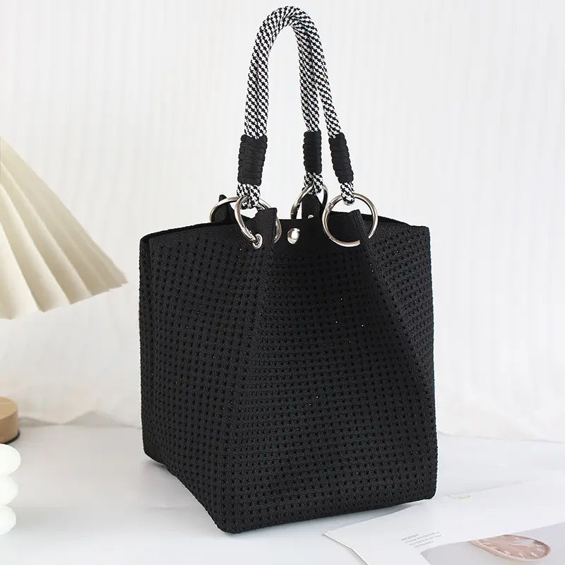 Mini Boho Woven Polyester Bucket Bag - Handmade Crochet Handbag for Travel and Daily Use, Lightweight Summer Accessory