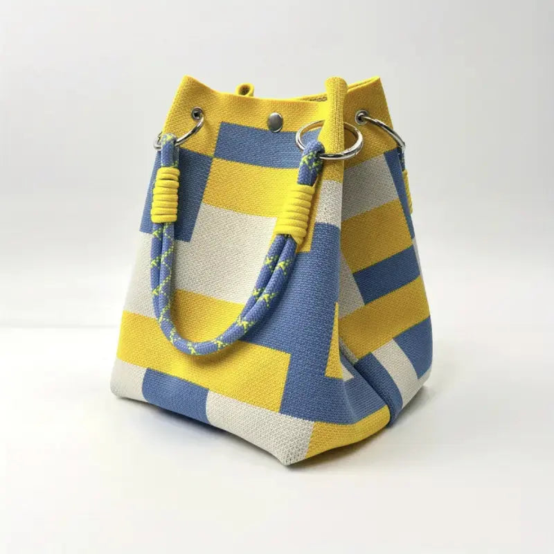 Mini Boho Woven Polyester Bucket Bag - Handmade Crochet Handbag for Travel and Daily Use, Lightweight Summer Accessory