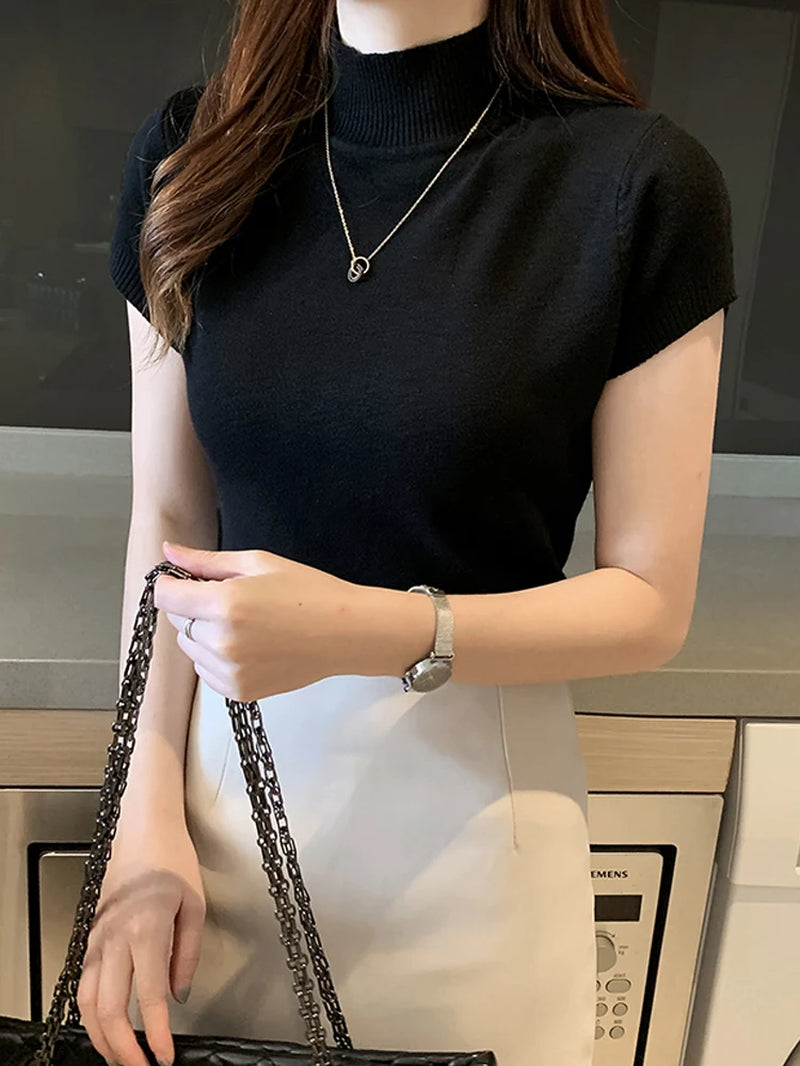 Women’s Korean Style Knitted Turtleneck Top – Slim Fit Solid Colour Blouse