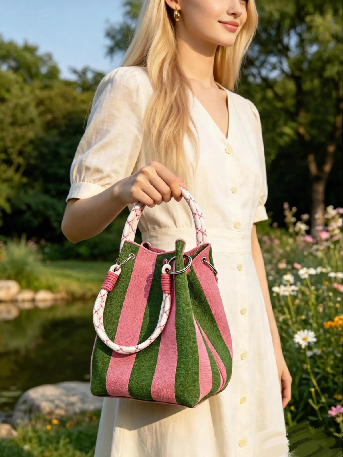 Mini Boho Woven Polyester Bucket Bag - Handmade Crochet Handbag for Travel and Daily Use, Lightweight Summer Accessory