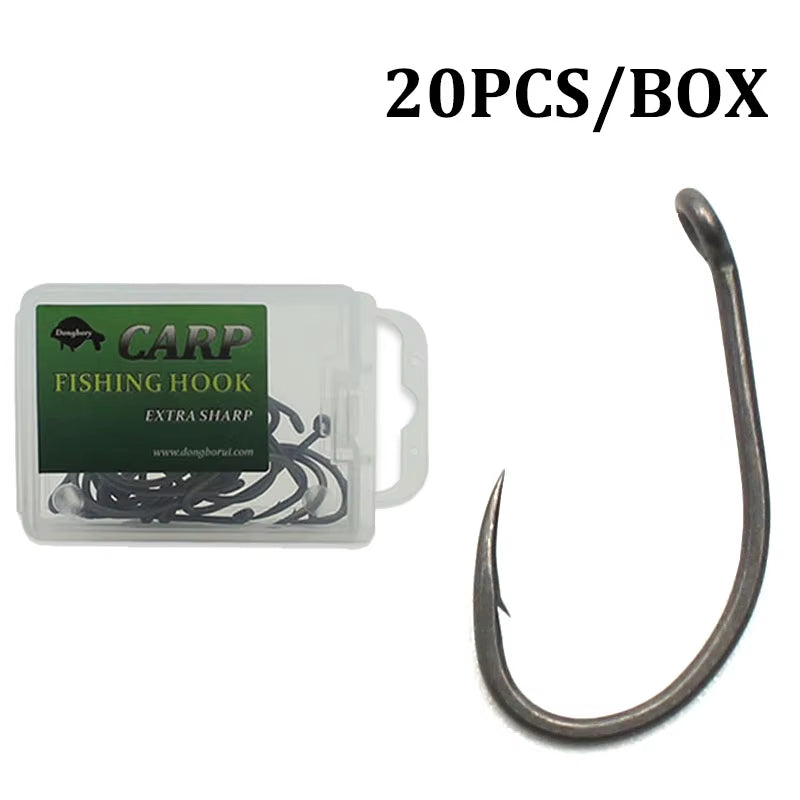 20PCS Top Class Carp Hook Kurv Shank Matte Black Coloured PTFE Carp Fishing Hook Barbed Coarse Fishing