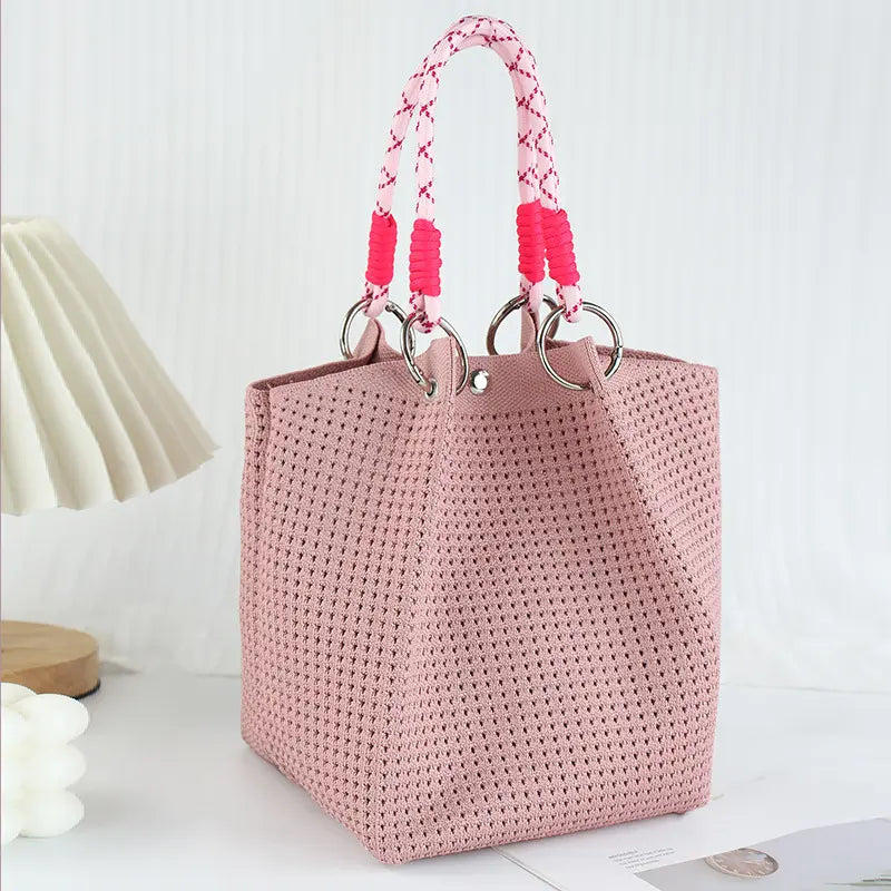 Mini Boho Woven Polyester Bucket Bag - Handmade Crochet Handbag for Travel and Daily Use, Lightweight Summer Accessory