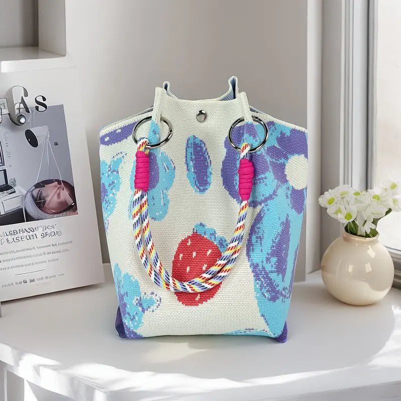 Mini Boho Woven Polyester Bucket Bag - Handmade Crochet Handbag for Travel and Daily Use, Lightweight Summer Accessory