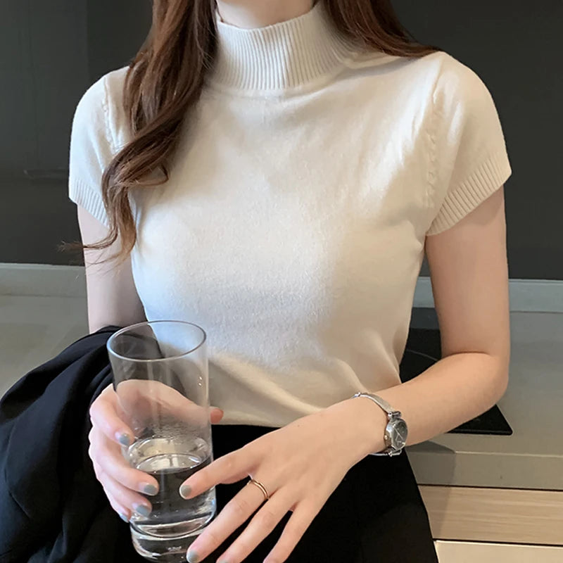 Women’s Korean Style Knitted Turtleneck Top – Slim Fit Solid Colour Blouse